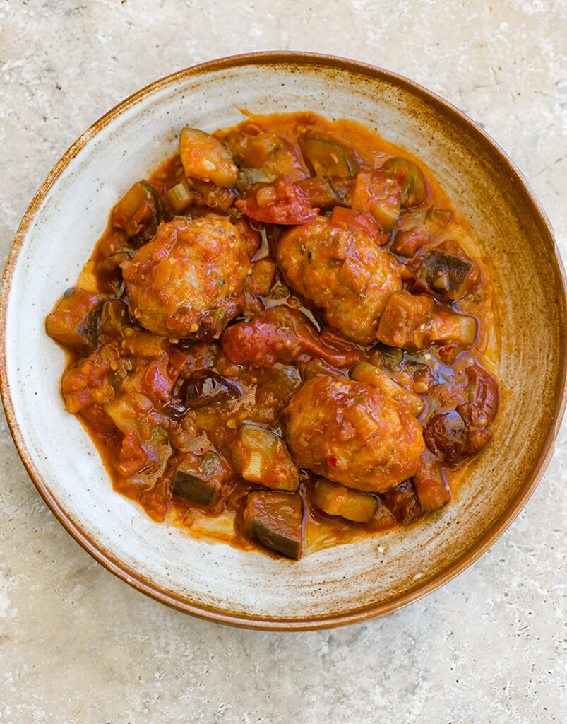 Caponata with Pork Fennel Meatballs