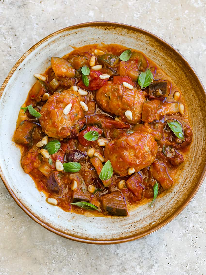Caponata with Pork Fennel Meatballs