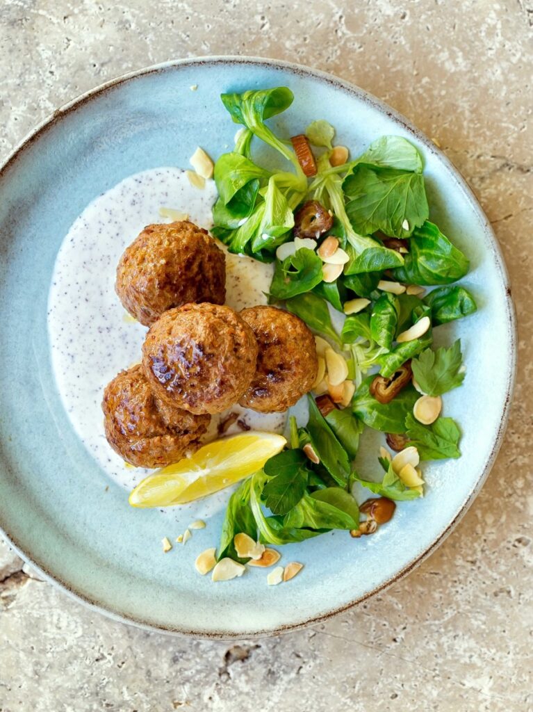 Harissa Meatballs with Lemon Date Salad