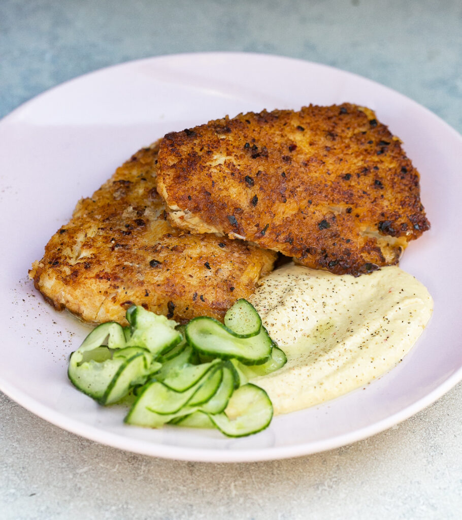 harissa crumbed fish with hummus recipe
