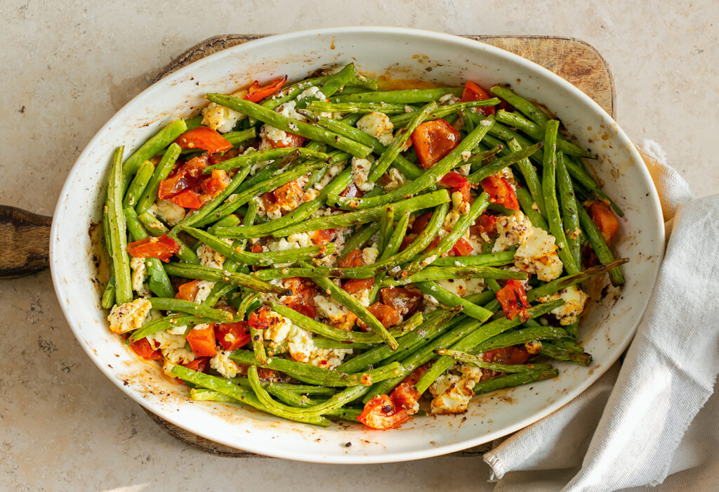 Oven Roasted Green Beans, Tomatoes and Feta