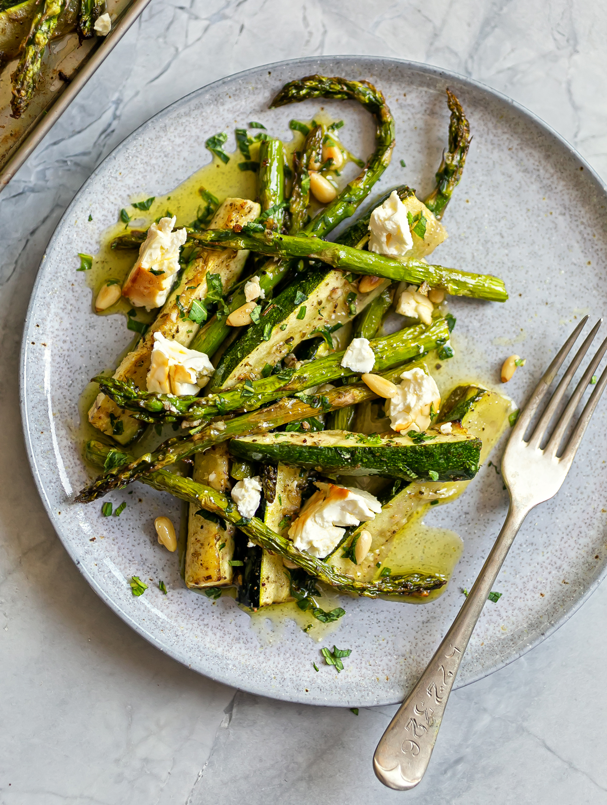 Roasted Asparagus Courgette Feta and Lemon Mint Dressing