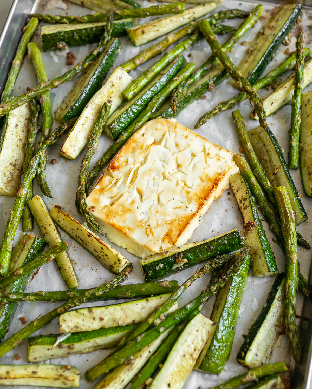 Roasted Asparagus Courgette Feta and Lemon Mint Dressing 