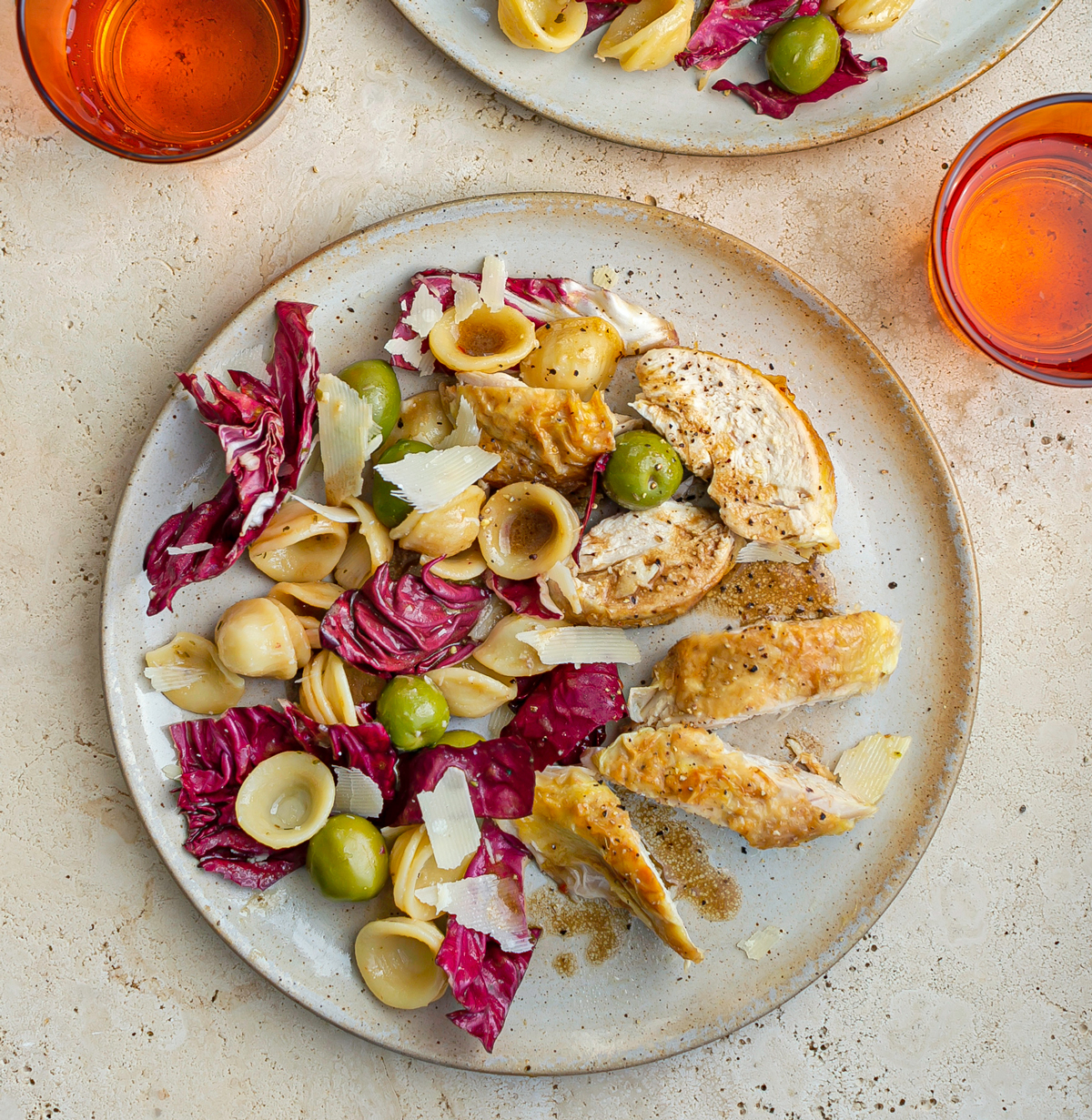 Roast Chicken with Radicchio and Green Olive Orecchiette