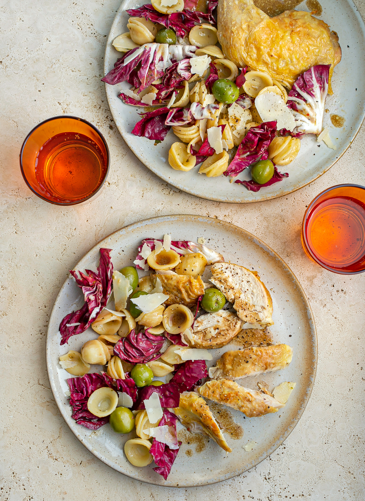 Roast Chicken with Radicchio and Green Olive Orecchiette